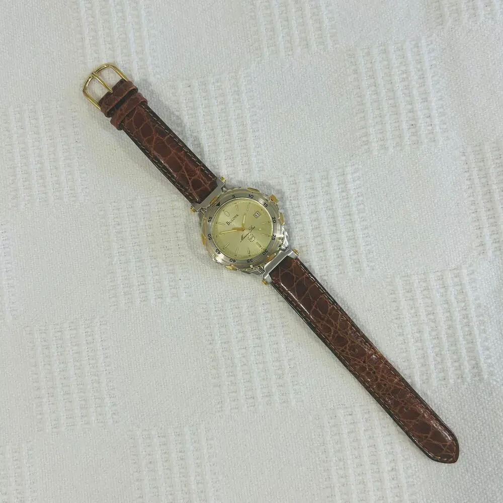 Bulova Marine Star Ladies Watch Quartz 37mm 2 Tone Leather Strap Vintage